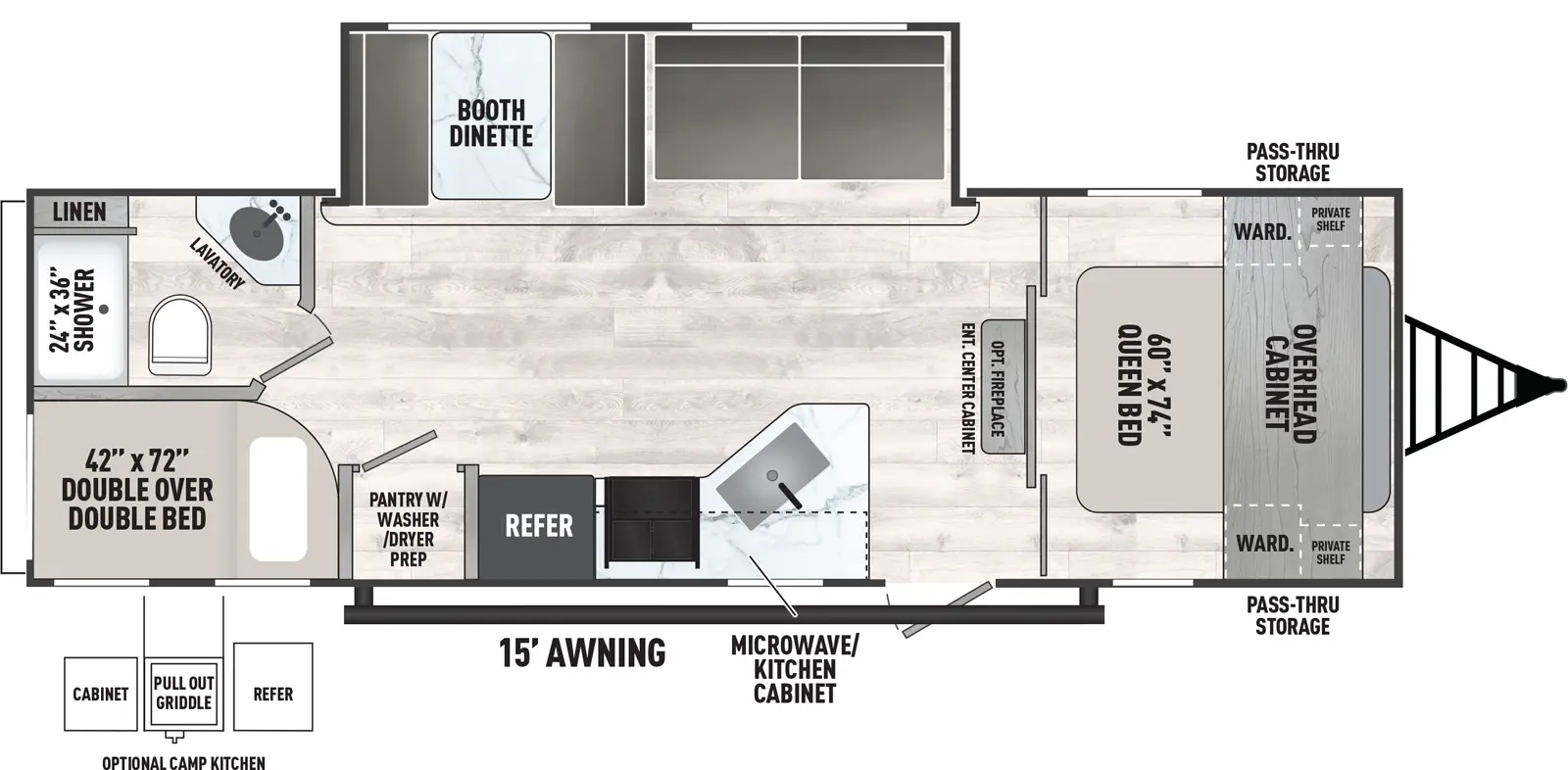 The Clipper Travel Trailers 262DBS floorplan has one entry and one slide out. Exterior features include: metal exterior, 15' awning and outside kitchen. Interiors features include: bunk beds and front bedroom.